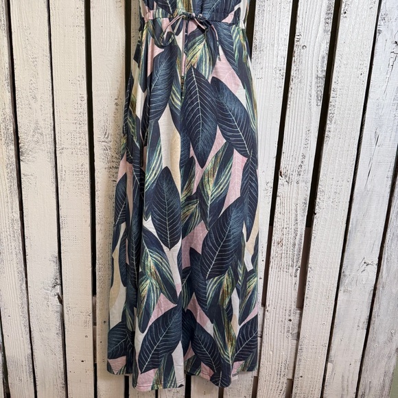 Husk Ary Tropical Leaf Maxi Dress Long V-Neck Drawstring Sundress Pockets Boho - Picture 5 of 11